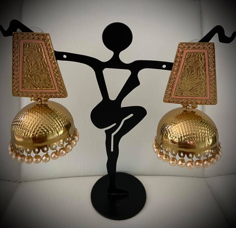 Gold plated Jhumka earrings for women in peach color