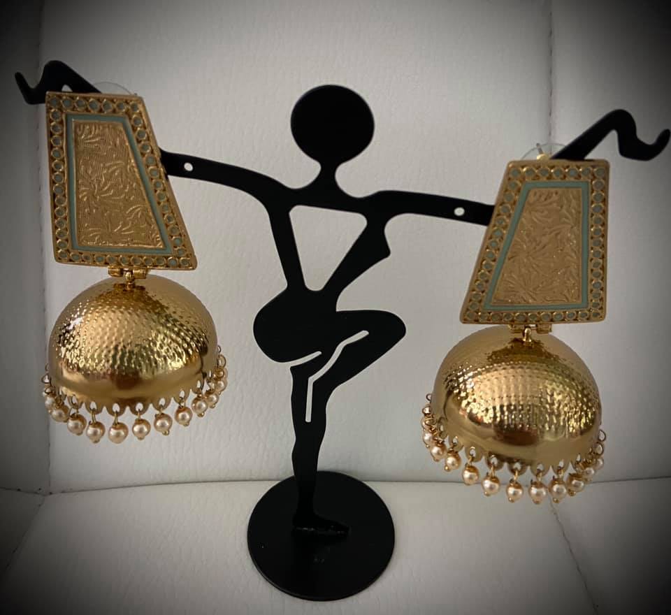 Gold plated Jhumka earrings for women in aqua green color