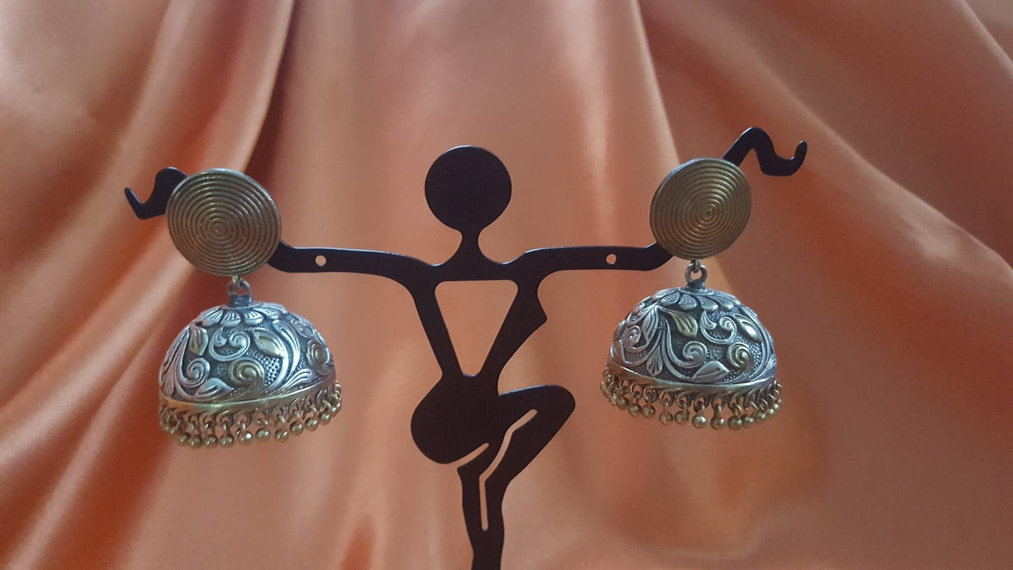 2 tone gold and silver jhoomka earrings