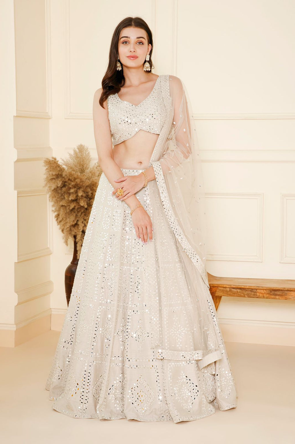 Grey Mirror Work Lehenga