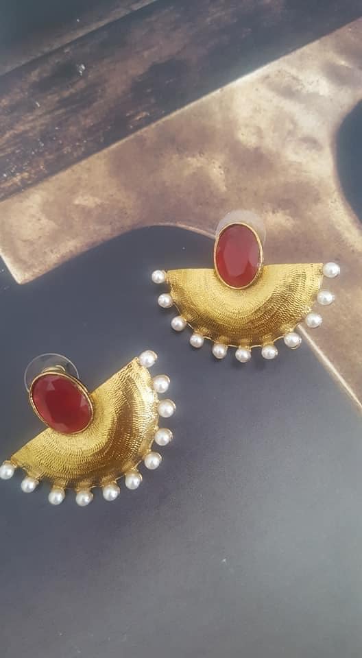 Gold plated chand earrings in red color