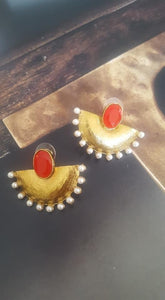 Gold plated chand earrings in ruby pink color