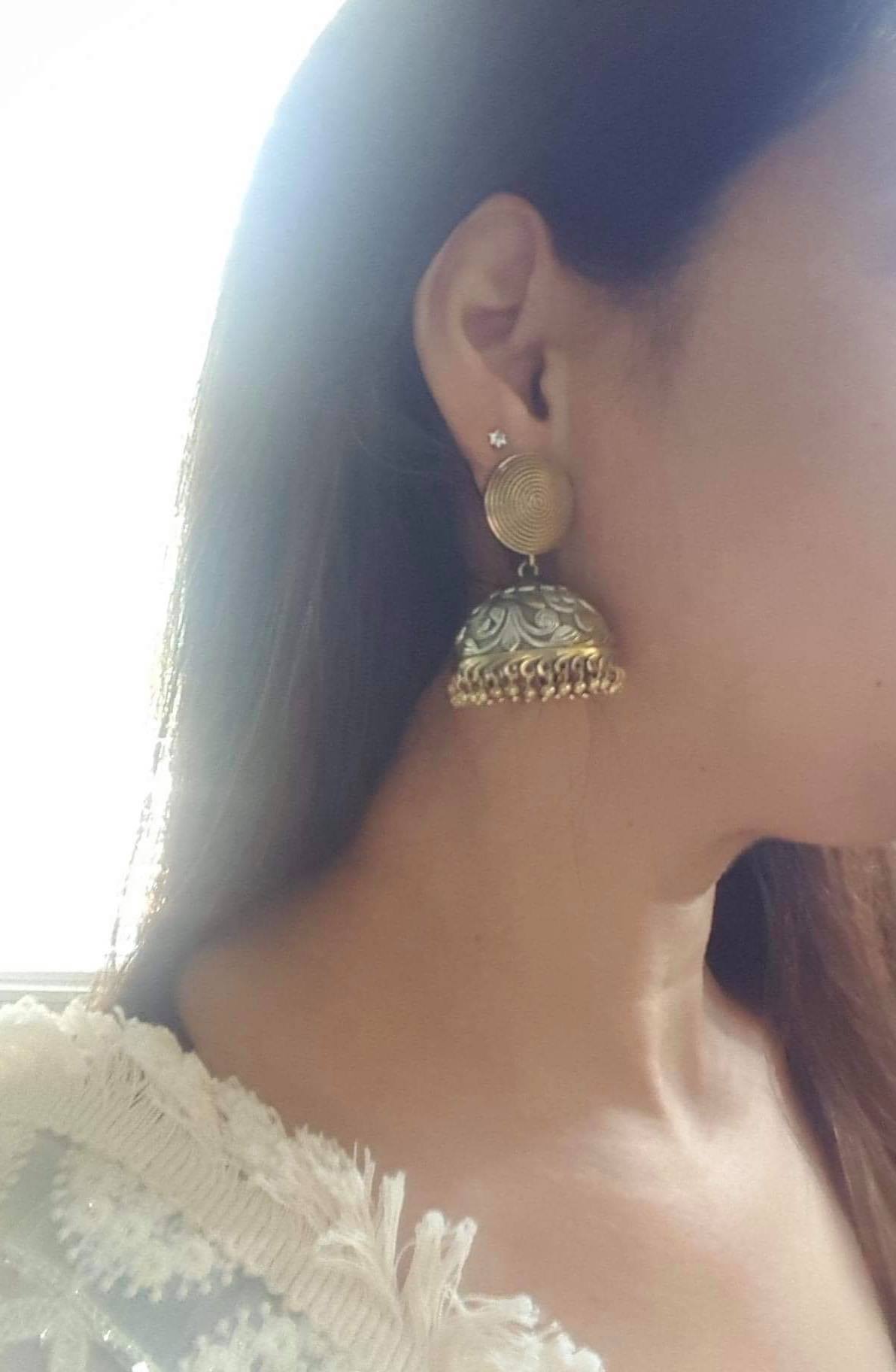2 tone gold and silver jhoomka earrings