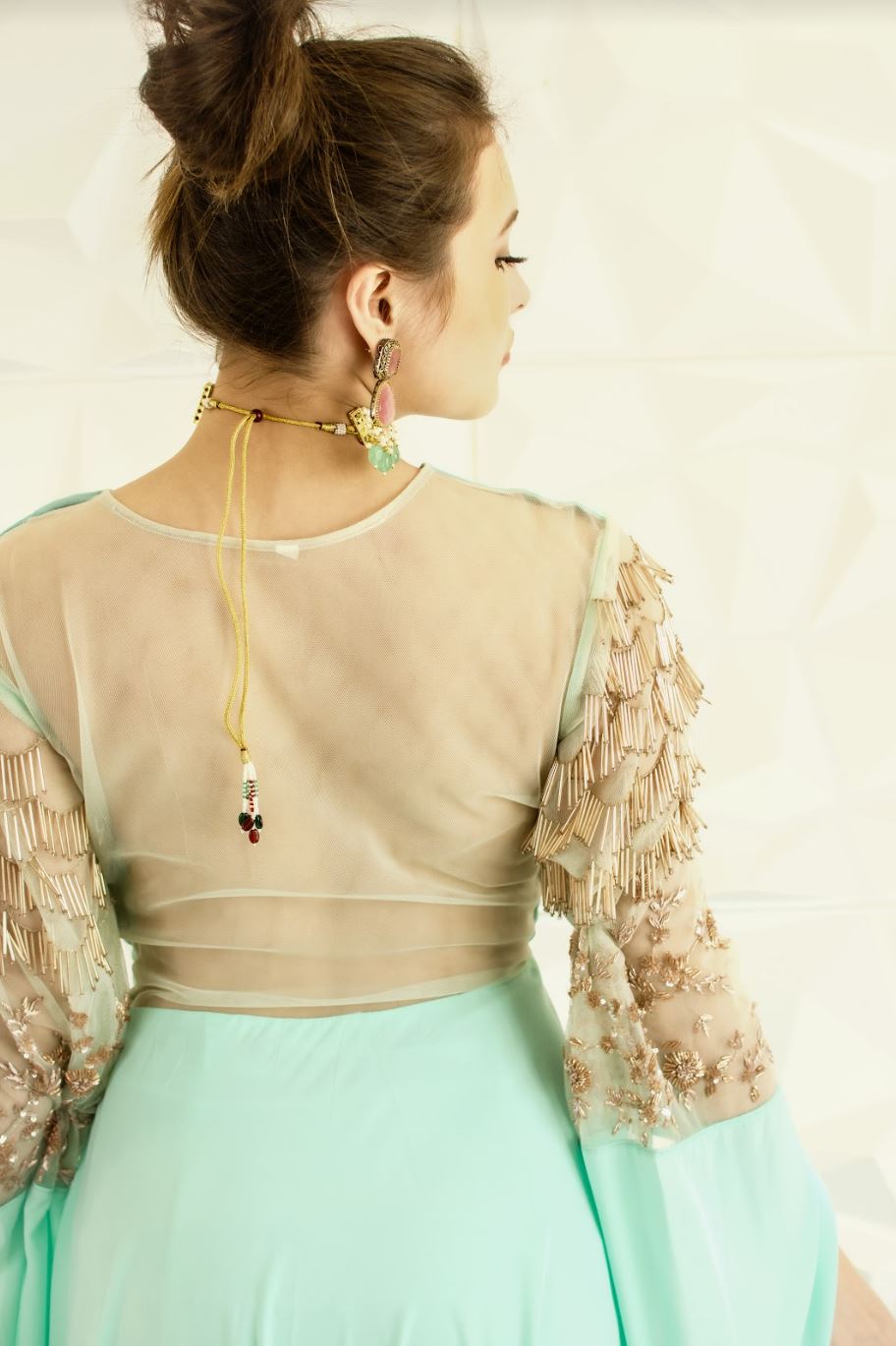 Long Flared Sleeves Gown - Sea Green