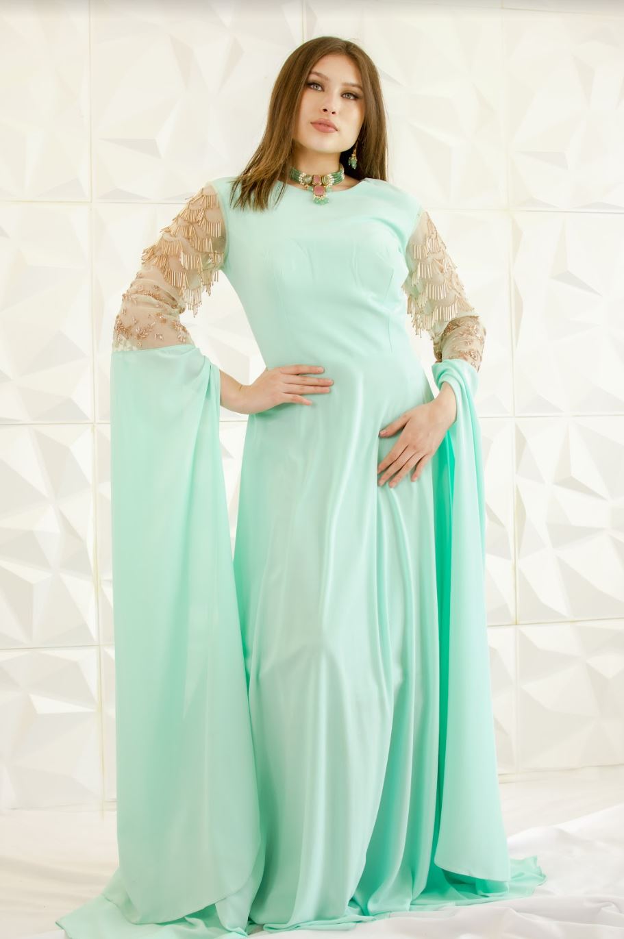 Long Flared Sleeves Gown - Sea Green